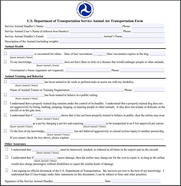 service dog faa form